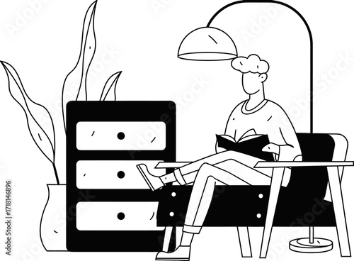 Design man reading book in chair at home with lamp and plant illustration black and white reading corner design verctor art illustration png