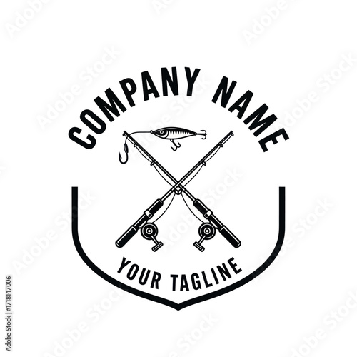 Monochrome vector logo for a fishing company featuring crossed fishing rods, a classic lure, and a hook within a shield emblem, ideal for outdoor sports branding and merchandise., Flat Vector