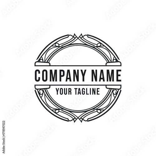 Art Deco Style Company Logo Template with Customizable Text and Ornate Frame on White Background, Flat Vector Elements, Vector Illustration, Simple Vector, Stylized Vector Drawing, Vector Template,