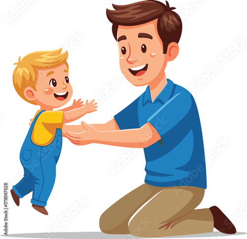 Happy father playing with son, family bonding illustration, parenting love, joyful dad with child, cartoon vector artwork, parent and kid together, isolated background
