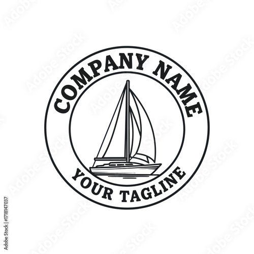Monochrome circular sailboat logo illustration with "COMPANY" text and "YOUR TAG" slogan, a classic nautical emblem on a white background., Flat Vector Elements, Vector Illustration, Simple Vector,