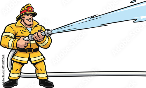 Cartoon firefighter spraying water with hose, emergency service illustration, fireman vector art, rescue clipart, safety concept, firefighting and disaster response character design