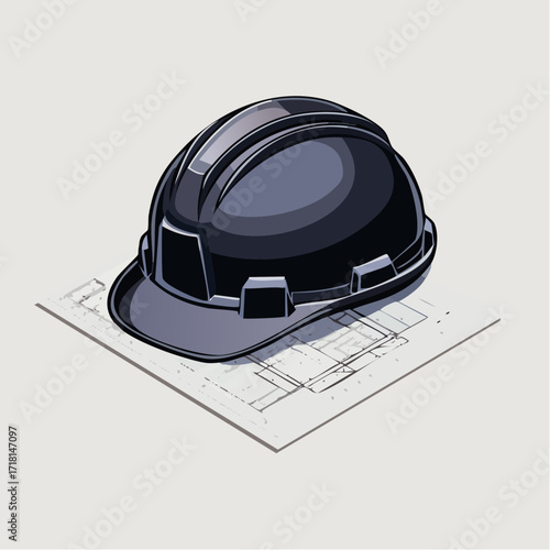 A black hard hat rests on top of architectural blueprints, symbolizing construction and planning.