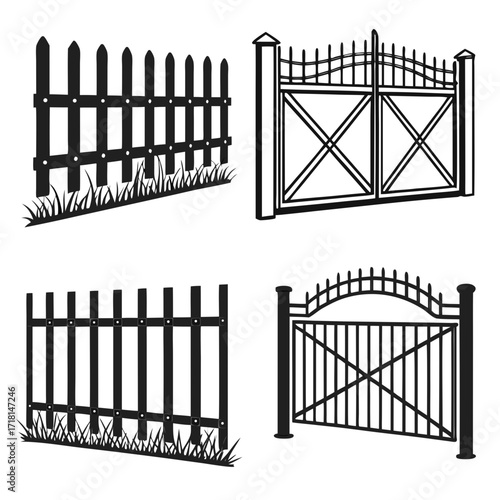 Black Silhouette Fences and Gates with Grass Accents Keywords: fence, gate, metal, iron, wrought