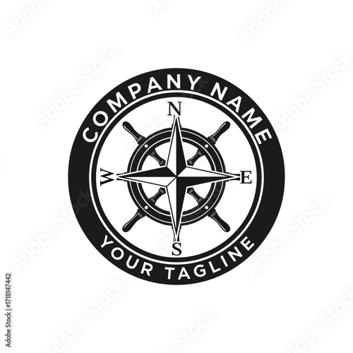 Monochrome Ship Wheel and Compass Rose Logo for Branding, Featuring North, West, South Directions and Customizable Text on White Background, Flat Vector Elements, Vector Illustration, Simple Vector,
