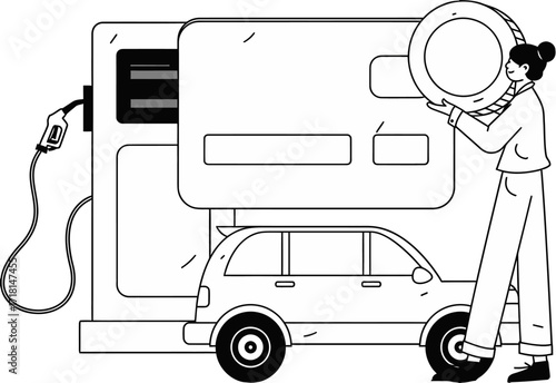 Design gas station car fuel pump tire change service automotive repair maintenance vehicle transportation verctor art illustration png