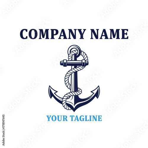 Nautical Company Logo Design with Anchor and Rope Illustration, Featuring Placeholder Text for Company Name and Tagline on a White Background, Flat Vector Elements, Vector Illustration, Simple