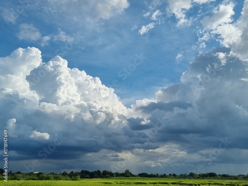 Obraz na płótnie Skyward Symphony: An expansive, high-angle view of a dramatic sky filled with billowing clouds, where nature's artistry paints a picture of depth and grandeur