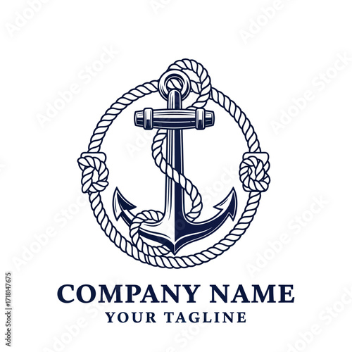 Classic Navy Blue Anchor and Rope Nautical Logo Illustration on White Background - Marine Emblem for Maritime Branding and Seafaring Companies, Flat Vector Elements, Vector Illustration, Simple