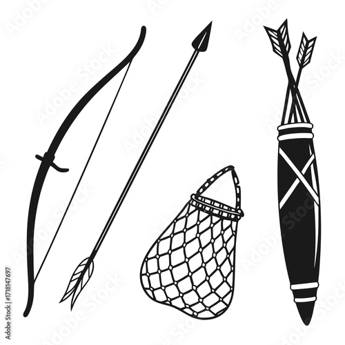 Black Silhouette of Bow, Arrow, Net, and Quiver archery
