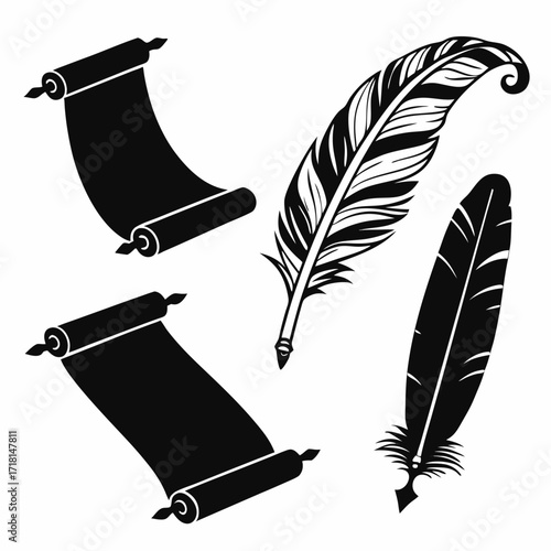 Black silhouette of quill pens and scrolls Keywords: quill pen, feather, scroll, parchment