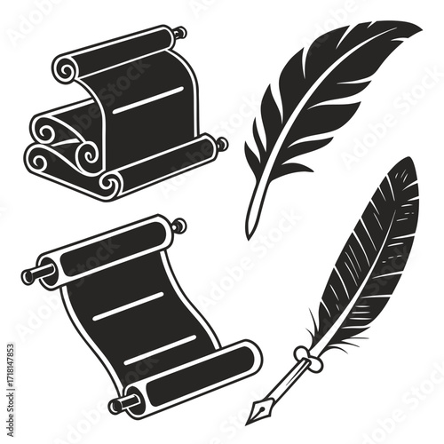 Black Silhouette Scrolls and Quill Pens on White Background