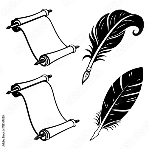 Black Silhouette Scrolls and Quill Pens with Detailed Feathers