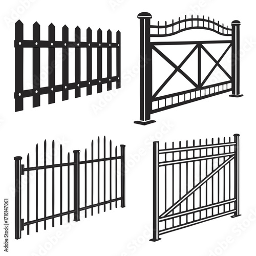 Black Silhouette Set of Four Wrought Iron Style Fences and Gates Keywords: fence, gate, metal