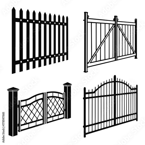 Black Silhouette Set of Four Different Fences and Gates Keywords: fence, gate, iron, metal