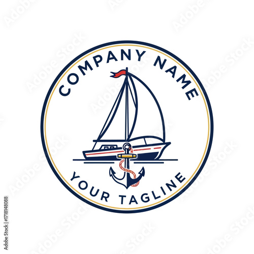 Nautical themed circle logo with sailboat, anchor, and text on a white background, ideal for marine businesses and yacht clubs, Flat Vector Elements, Vector Illustration, Simple Vector, Stylized