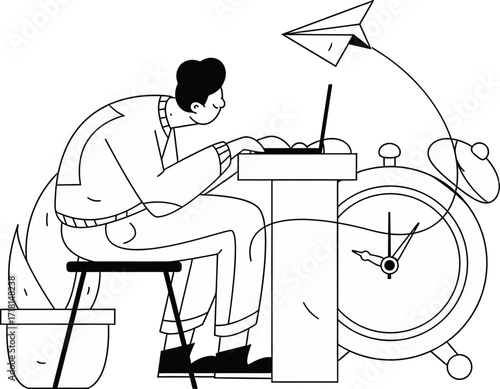 Design man working deadline time clock paper plane illustration work desk late night project creative process verctor art illustration png