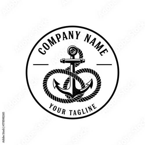 Nautical Anchor and Rope Logo Template with Customizable Text, Black and White Maritime Emblem Design for Branding and Business Identity, Flat Vector Elements, Vector Illustration, Simple Vector,