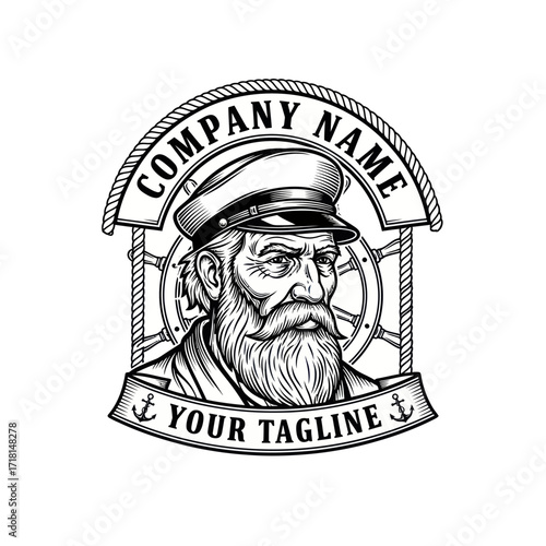 Detailed Black and White Illustration of a Bearded Ship Captain in Engraving Style, Ideal for Nautical Branding, Maritime Logos, or Seafaring Apparel Designs on an Isolated White Background., Flat