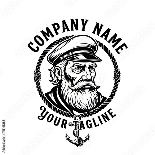 Stylized Old Sea Captain Portrait with Beard and Hat, Framed by Rope and Anchor, Classic Nautical Logo Design on White Background, Flat Vector Elements, Vector Illustration, Simple Vector, Stylized