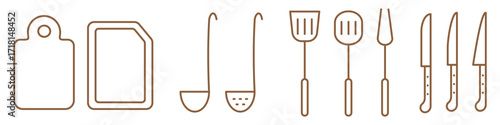 Tableware and cookware linear icons set isolated on transparent background. Collection of kitchen utensils and cooking outline symbols. Simple icon set for dishes, culinary tools, household and food 