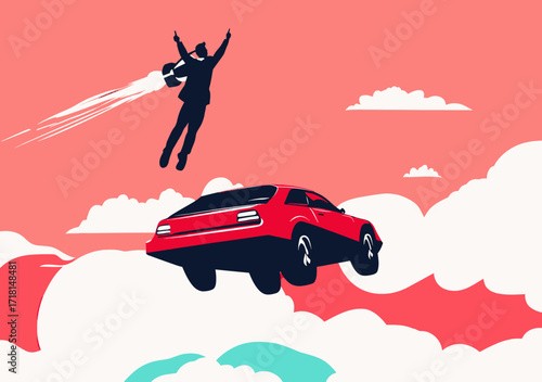 Businessman with jetpack flying upward next to flying red sports car in sky clouds concept of ambition success career growth and startup innovation flat vector illustration