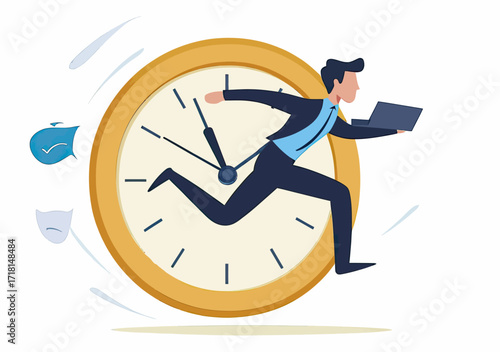 Businessman running fast holding laptop with large clock behind representing time pressure deadline rush and work urgency concept in flat vector style