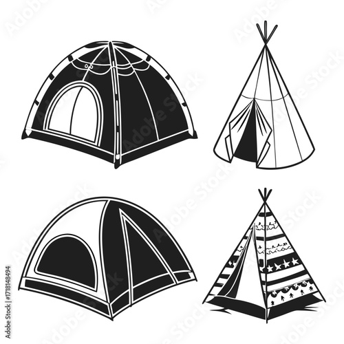 Camping Tents with Decorative Elements on White Background
