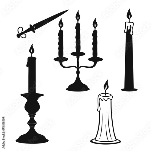 Candle and Sword Silhouettes With Candelabra Keywords: candle, silhouette, candlestick, vintage