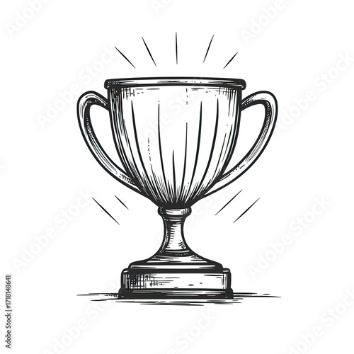 Hand drawn sketch of shiny classic trophy cup with glory rays highlight vintage ink style award symbol for achievement and victory celebration illustration