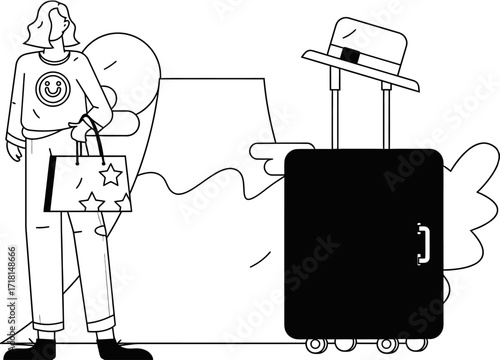 Design travel woman suitcase vacation luggage tourism journey destination trip adventure holiday wanderlust getaway verctor art illustration png