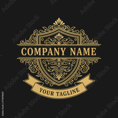 Elegant Gold Ornate Shield Logo Design with Flourishes and Banner, Classic Luxury Emblem for Company Branding Identity, Flat Vector Elements, Vector Illustration, Simple Vector, Stylized Vector