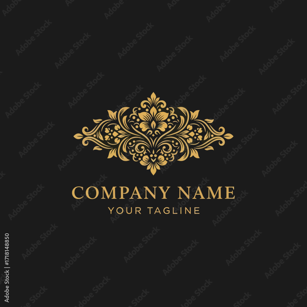 Fototapeta premium Elegant Golden Ornate Floral Design with Customizable Text for Luxury Company Branding, Premium Business Logo, and Sophisticated Stationery Template, Flat Vector Elements, Vector Illustration, Simple