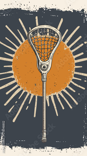 Vintage lacrosse stick with netting on distressed background featuring retro sunburst circle in flat minimalist vector style for sports design and gift apparel