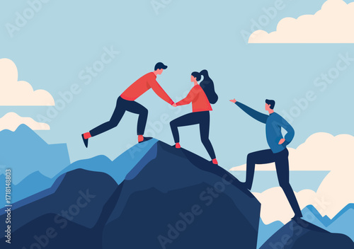 Business people climbing mountain helping each other teamwork concept cooperative effort success goal achievement outdoor climbing collaboration partnership vector illustration