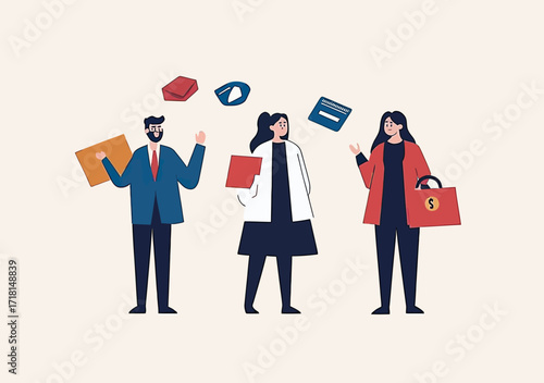 Business people holding documents and briefcase with floating folders and files symbolizing employee benefits and office work concepts flat vector illustration