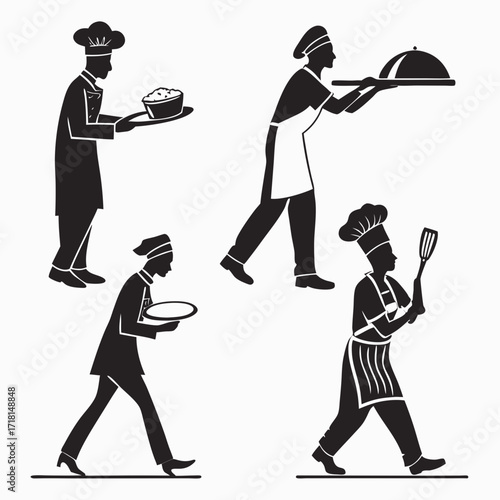 Chefs Silhouettes Carrying Food and Utensils cooking