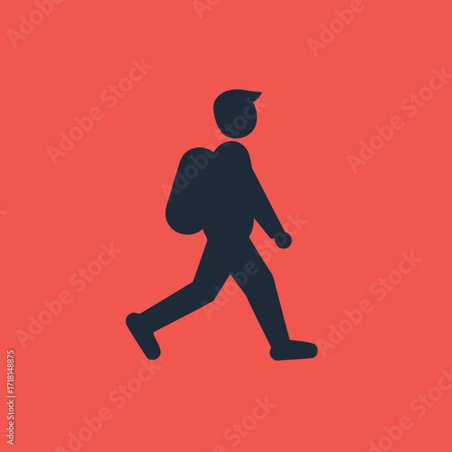 Minimalist walking person icon with backpack silhouette in flat style on red background for travel and lifestyle concept vector illustration
