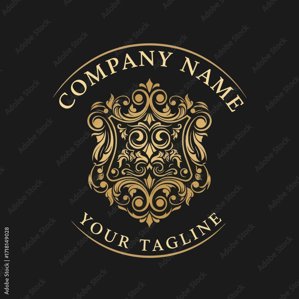 Obraz premium Golden Ornate Royal Crest Logo Design with Elegant Baroque Flourishes, Luxury Emblem for Premium Branding and Classical Identity, Flat Vector Elements, Vector Illustration, Simple Vector, Stylized