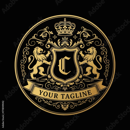 Golden Regal Heraldic Crest with Rampant Lion, Crown, Shield, and Banner, an Ornate and Elegant Design for Luxury Branding., Flat Vector Elements, Vector Illustration, Simple Vector, Stylized Vector