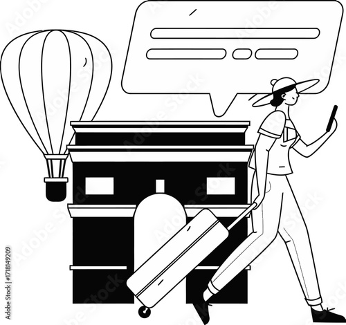Design traveling parisian woman with luggage and phone near arc de triomphe and hot air balloon illustration verctor art illustration png