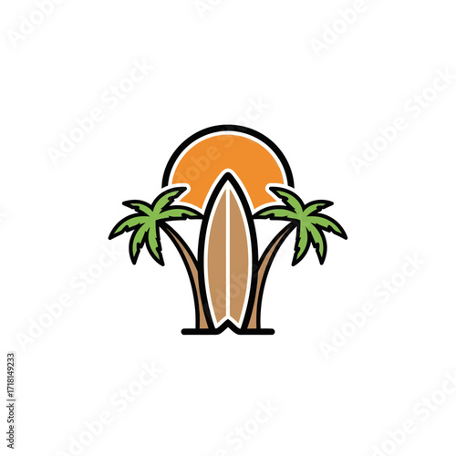 Stylized Beach Scene with Surfboard, Palm Trees, and Sunset Illustration, Flat Vector Elements, Vector Illustration, Simple Vector, Stylized Vector Drawing, Vector Template, Clean Vector Style,