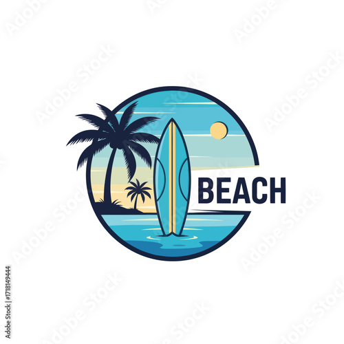 Vibrant Tropical Beach Sunset Vector Illustration with Surfboard, Palm Trees, and Ocean for Summer Vacation Design, Flat Vector Elements, Vector Illustration, Simple Vector, Stylized Vector Drawing,
