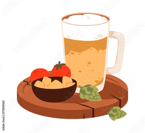 Beer mugs, cheese, and snacks on a tray, perfect for Oktoberfest, Bavarian culture, and brewery celebration.