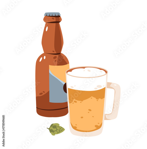 Flat vector illustration of beer bottle and mug for Oktoberfest celebration. Perfect for pub, tavern, or party.