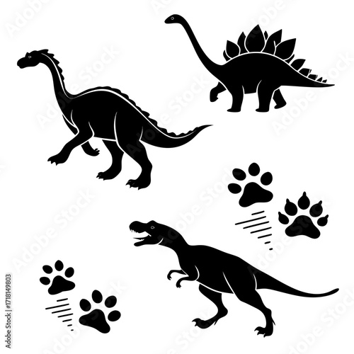 Collection of dinosaur silhouettes and paw prints footprint