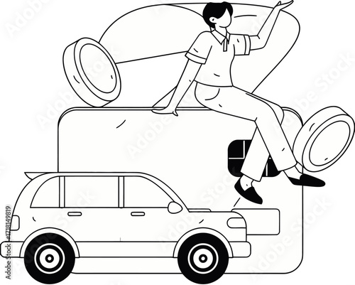 Excited person on credit card with car and coins symbolizing financial freedom and smart purchasing decisions for modern lifestyle