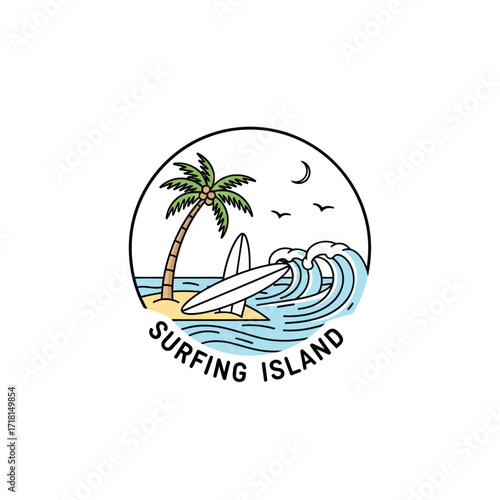 Surfing Island Logo: Tropical Beach Illustration with Palm Tree, Surfboards, and Ocean Waves, Flat Vector Elements, Vector Illustration, Simple Vector, Stylized Vector Drawing, Vector Template, Clean