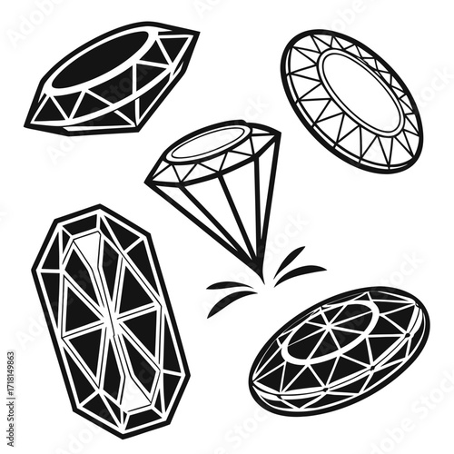 Collection of five faceted gemstones and diamond shapes