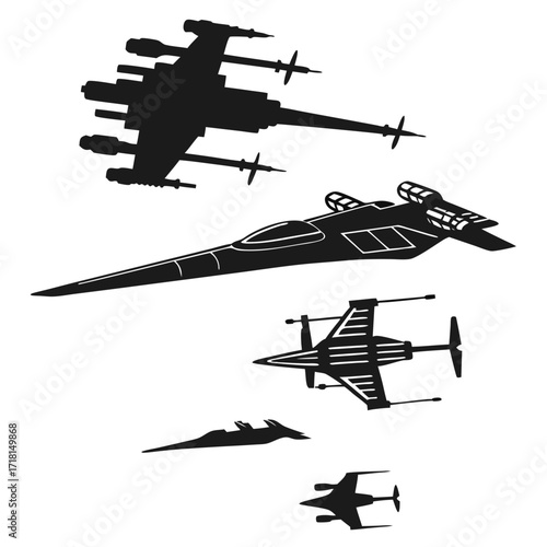 Collection of five science fiction spaceship silhouettes Keywords: spaceship, spacecraft